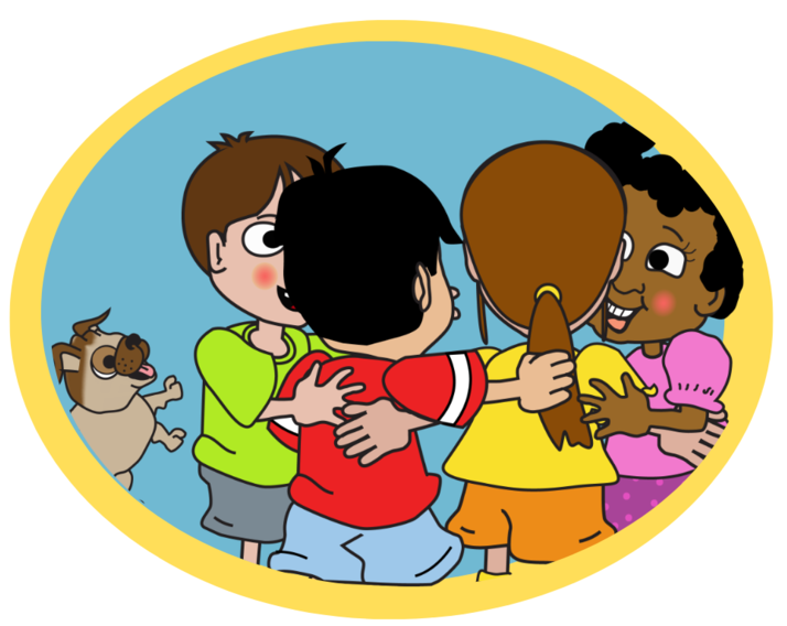 Image of Tanisha, Chen, Phoebe, Carter in group hug with Digger jumping in an oval frame