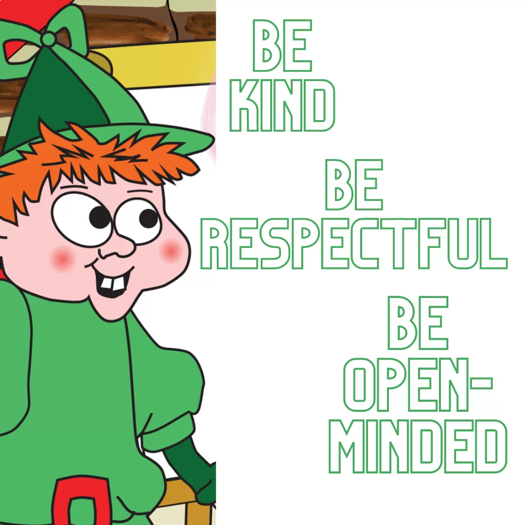 Image of Mac expressing pleasure at the responses made by the Curious Kids. Also pictured are the phrases Be Kind, Be Respectful, Be Openminded.