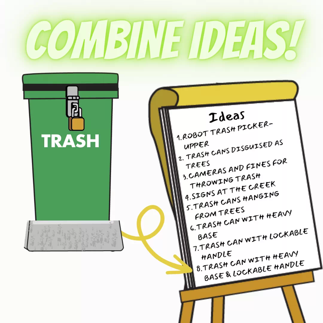 Image shows trash can with heavy base and lock handle with an arrow pointing to the list of 7 ideas with a new 8th idea added to the list.