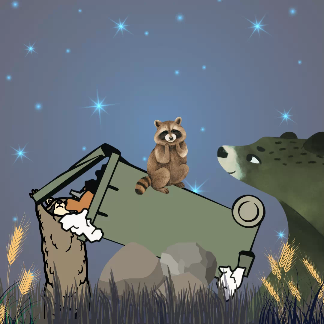 Image is a nighttime scene with garbage can knocked over, a raccoon, and bear.