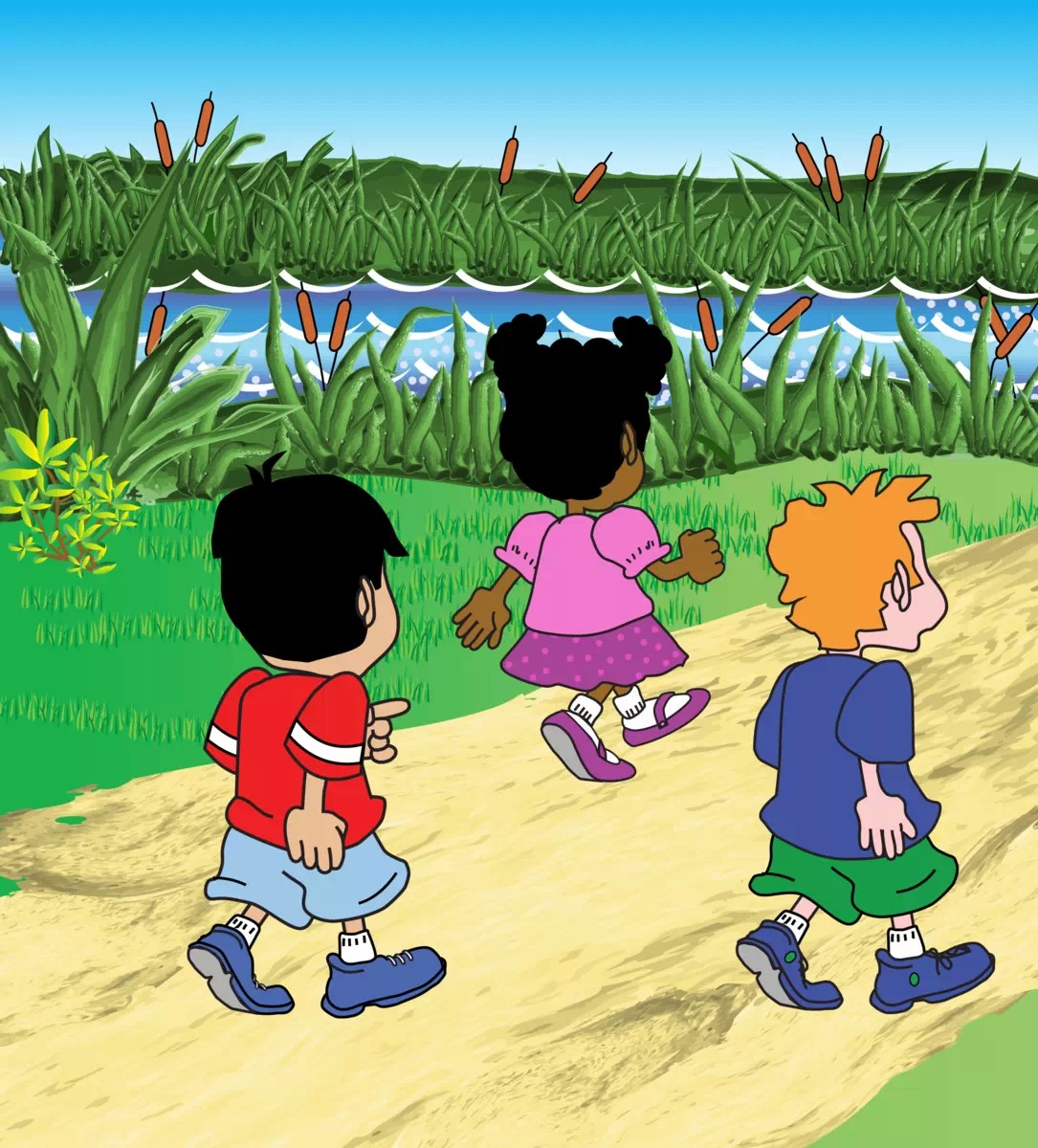 Image of Timmy, Chen, Tanisha, Digger, Muff, and Scruff walking on a path to the clubhouse to begin creating their signs and invention to solve the problem at the creek.