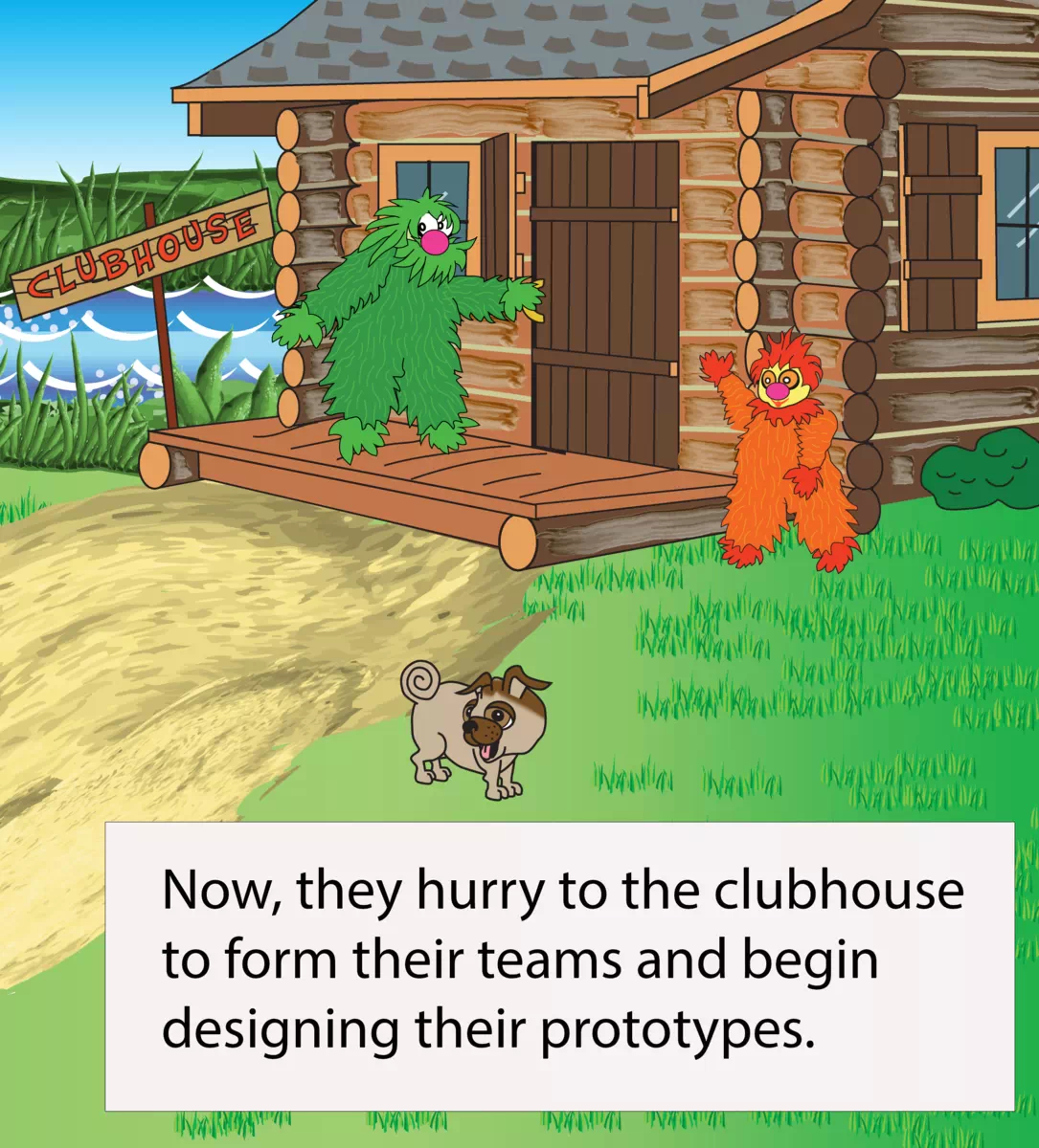 This is the other half of the cross page image that shows kids on their way to the clubhouse. The embedded text reads: Now, they hurry to the clubhouse to form their teams and begin designing their prototypes.