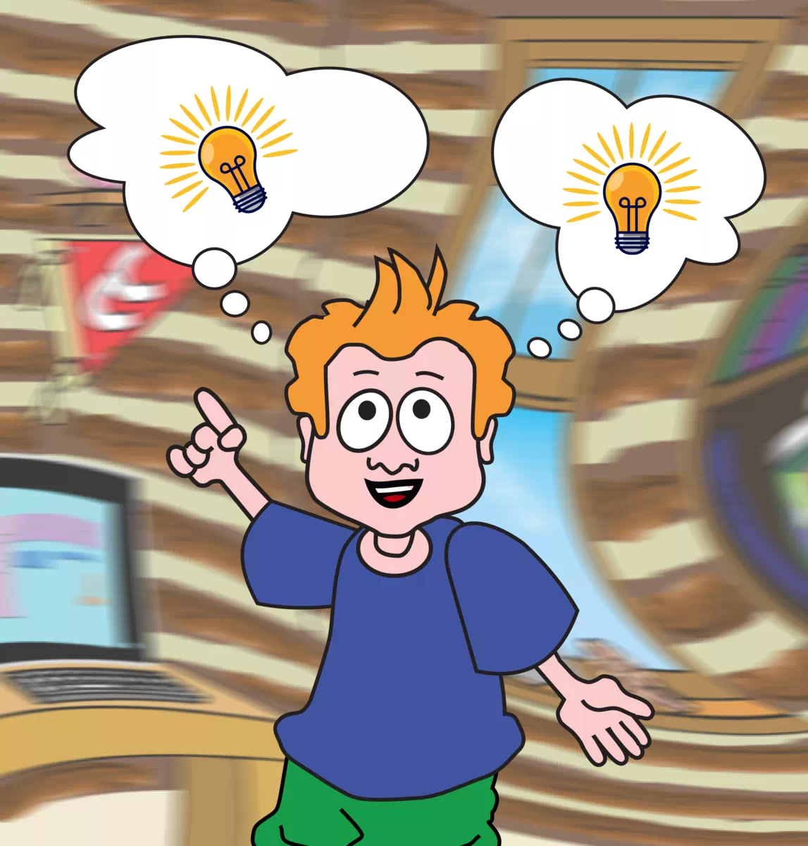 Image of Timmy with thought bubbles above his head and pointing to the bubble on the left to indicate he has a great idea.