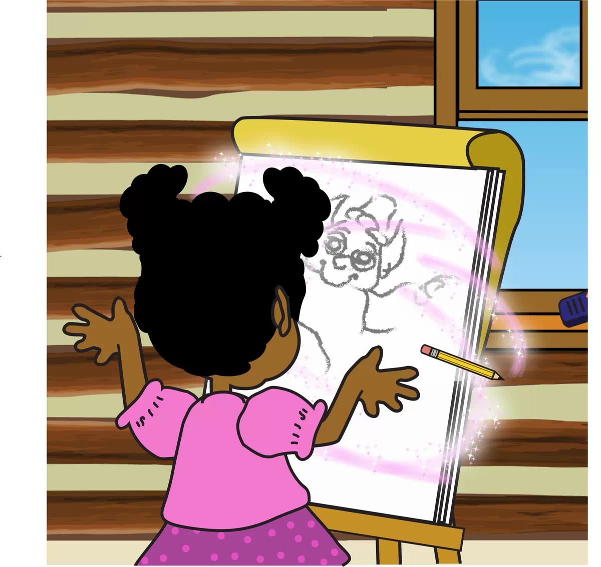 Image of Tanisha at her sketch pad as a faint sketch of Teenie Genie begins to appear and emerge from the sketch pad.