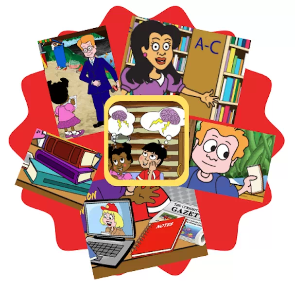 Montage image: Flashback image of kids in Adventure 1 looking at sources in the library and from Adventure 2 as they brainstormed ideas with thought bubbles floating around. 