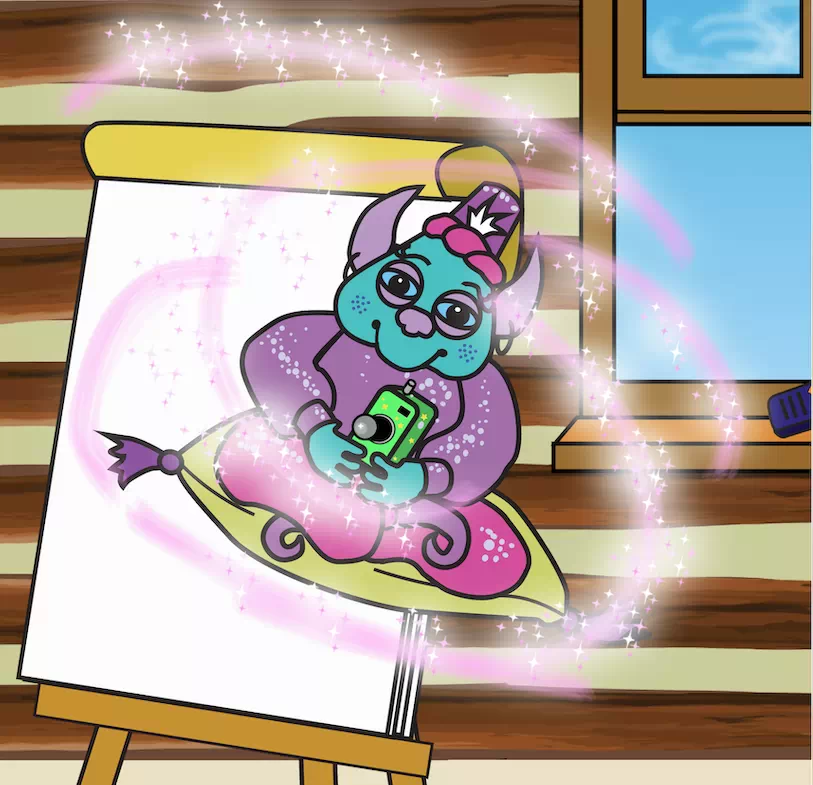 Image of Teenie Genie, now in full color, emerging from sketchpad with magic camera in his hand.