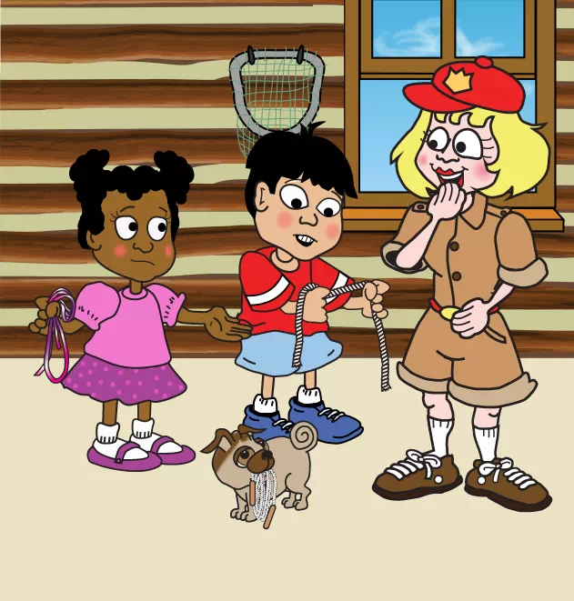 Image of Tanisha, Chen, and Digger showing Mimi the different types of ropes they have.