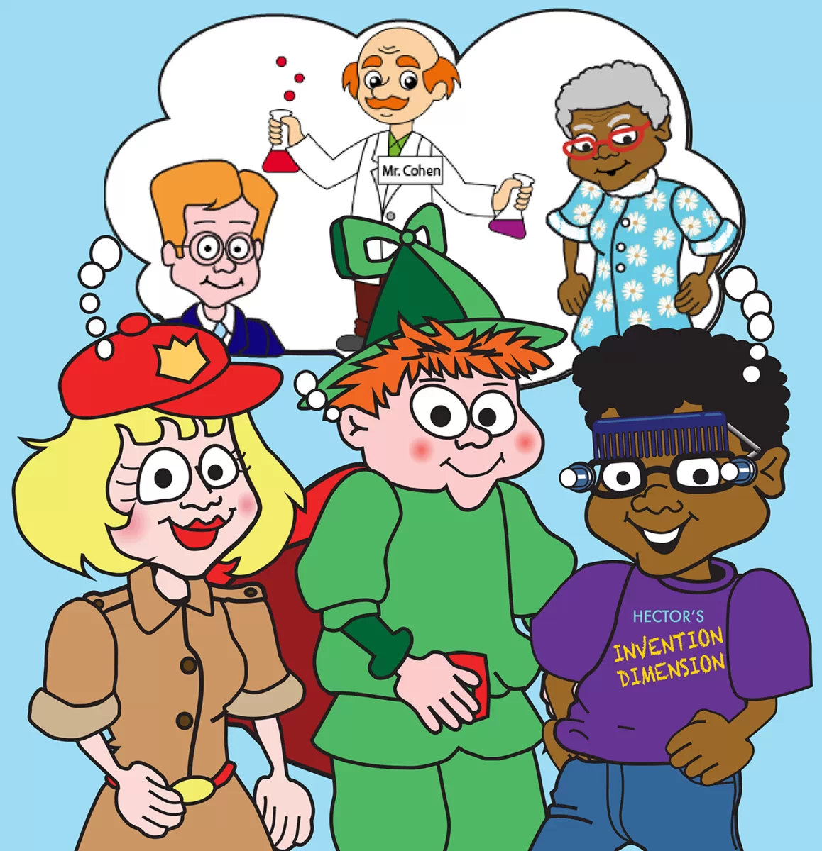 Image of Mimi, Hector, Timmy, and thought bubbles overhead with mentor possibilities including a grandparent, a science teacher, and Timmy's dad.