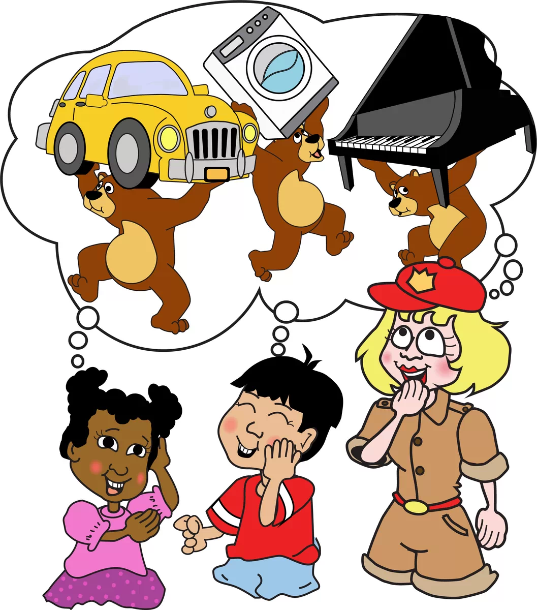 Image of though bubbles over Mimi, Tanisha, and Chen's heads with pictures of bears carrying a grand piano, a washing machine, and a small car