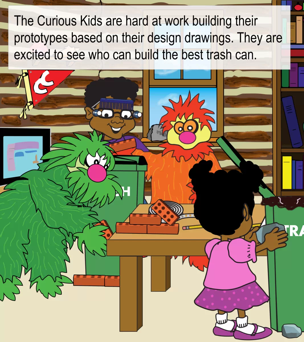 This is a cross page image showing all the kids working on their prototypes. On the right side of the image Timmy is at an easel painting a sign. 