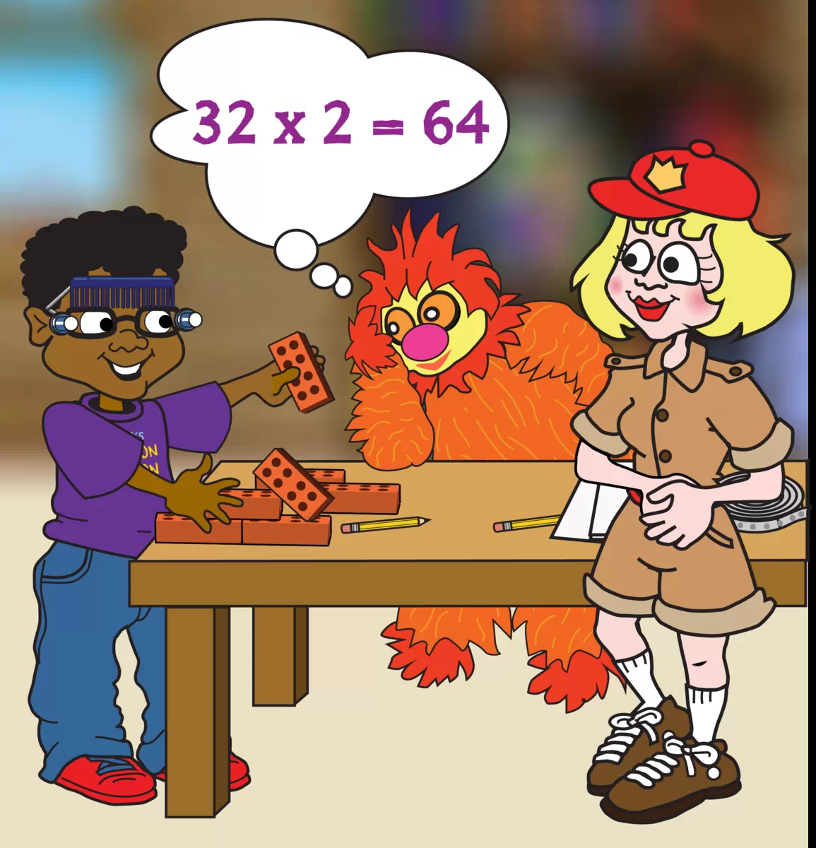 Image of Hector explaining the weights to Mimi and Muff with a thought bubble over his head that reads: 32 X 2 = 64.  