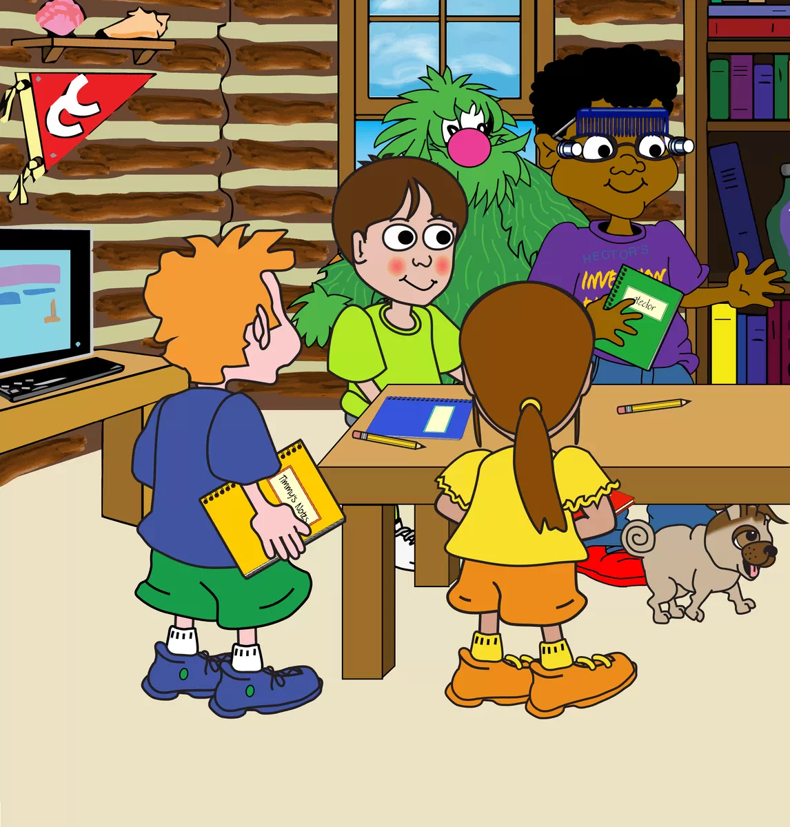 This is the left side of a cross page image of the whole group including Phoebe and Carter as they get together back at the clubhouse. The all have notebooks with information about what they learned. 