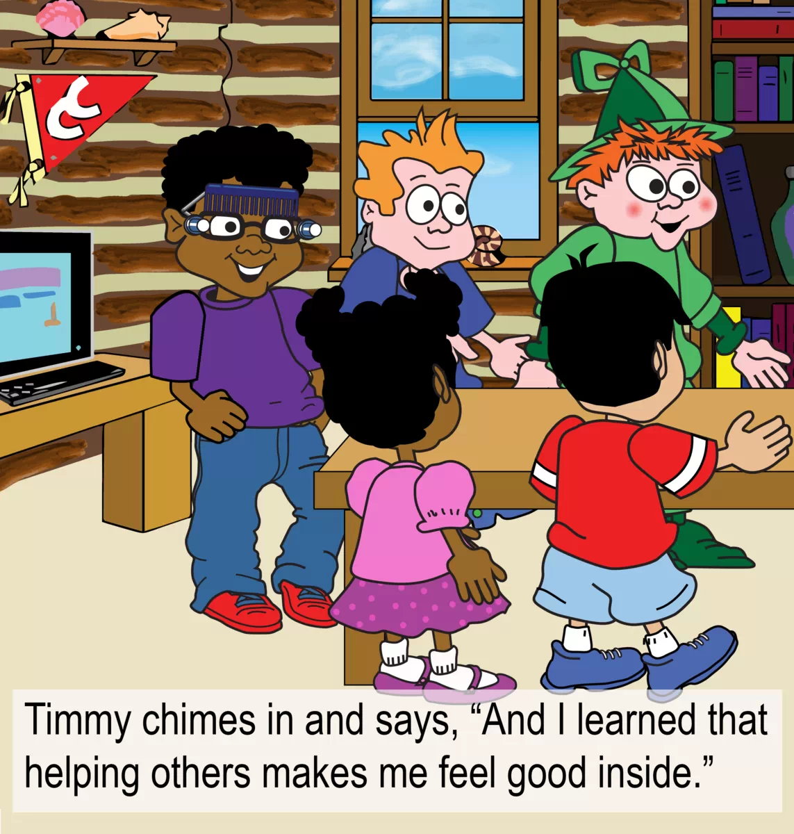 Cross page image with embedded text. Text on left page reads: Timmy chimes in and says, 