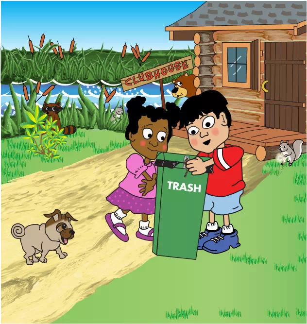 Image of Tanisha and Chen with Digger checking their trash bin after leaving it out overnight. In the image, there are animals peeking out from their hiding spots like a bear and a raccoon. 