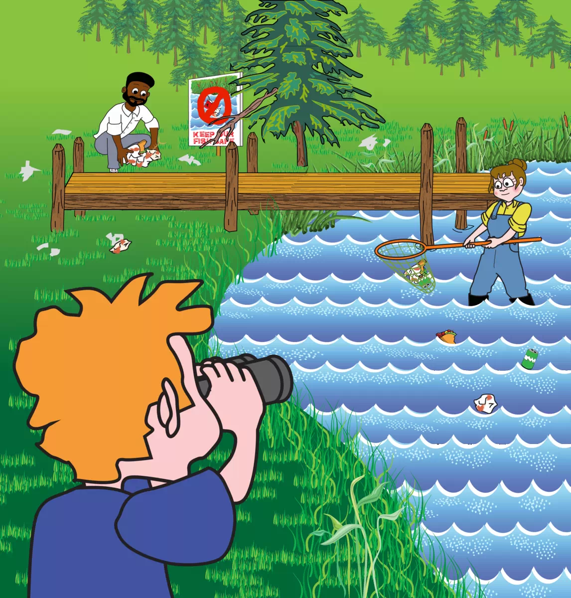 Image of Timmy with binoculars observing from afar how people look at his sign. In the image, you can see one man who is picking up trash on the land and a woman who is picking trash out of the creek.