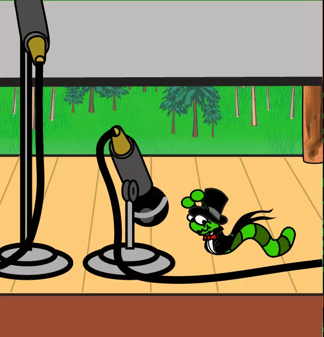 Image of Mayor Squiggly, a caterpillar, standing in front of a tiny microphone stand wearing a top hat.