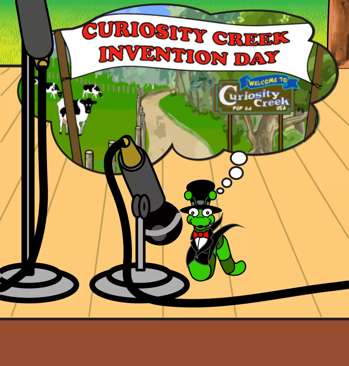 Image of Mayor Squiggly with a thought bubble over his head as he imagines next year's banner reading Curiosity Creek Invention Day