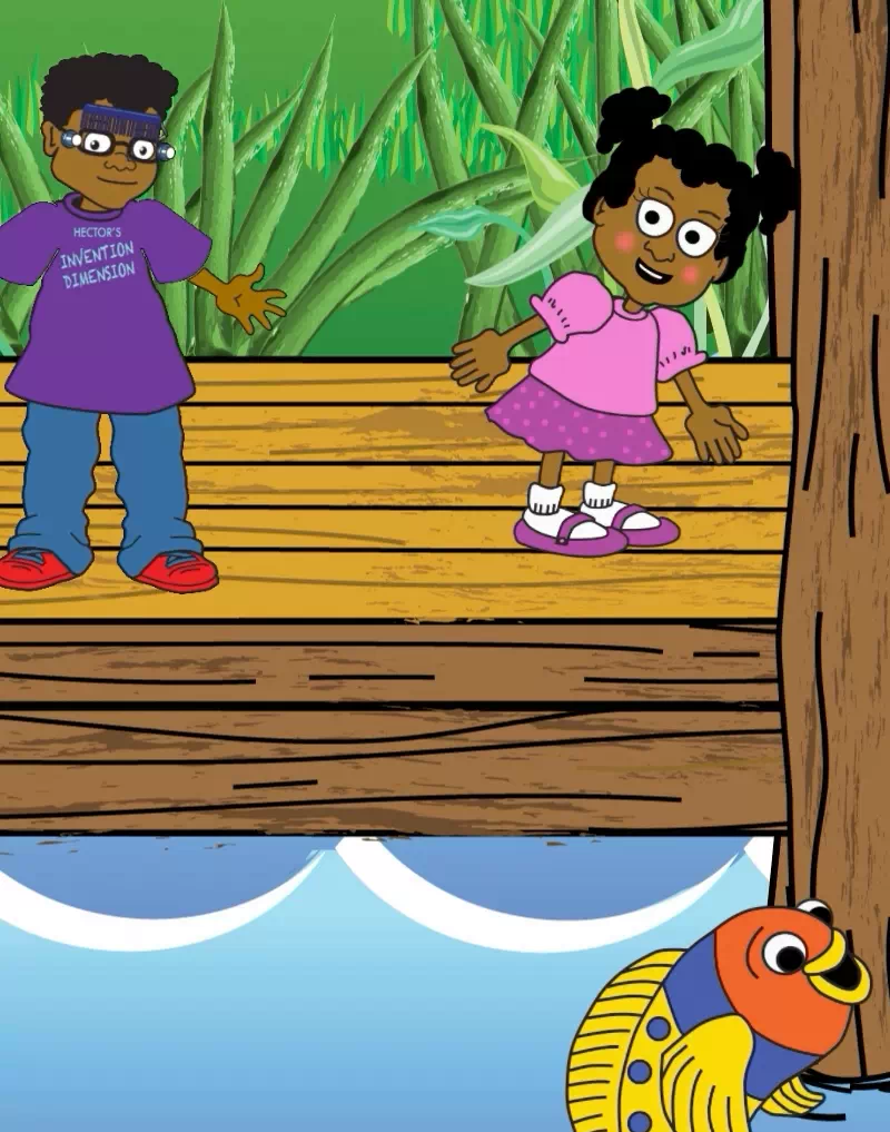 Cross page image of kids at creek standing on dock with Figgy the Fish poking out of the water. 