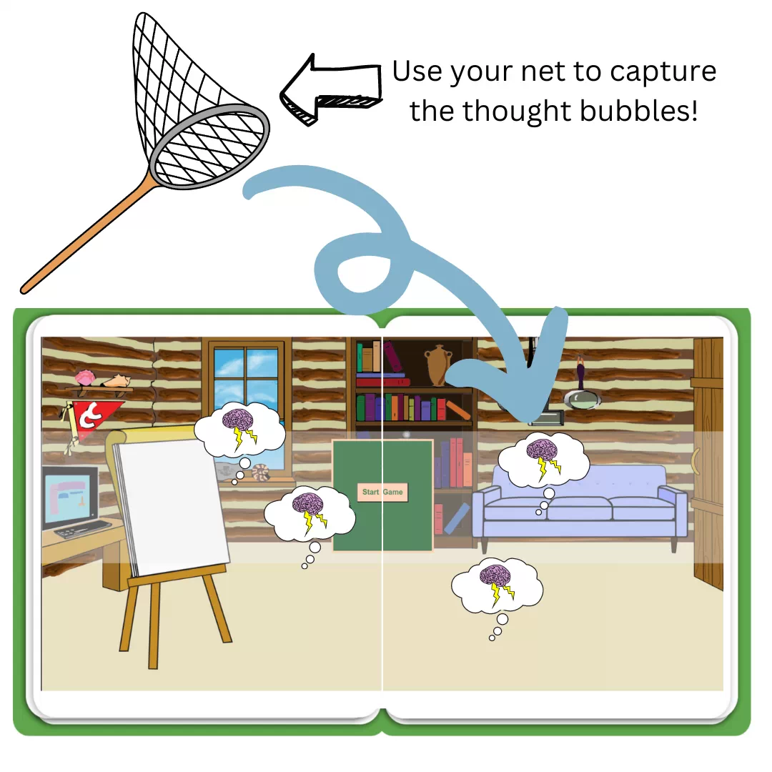 Image shows net to capture the thought bubbles and the background interior of the cabin.